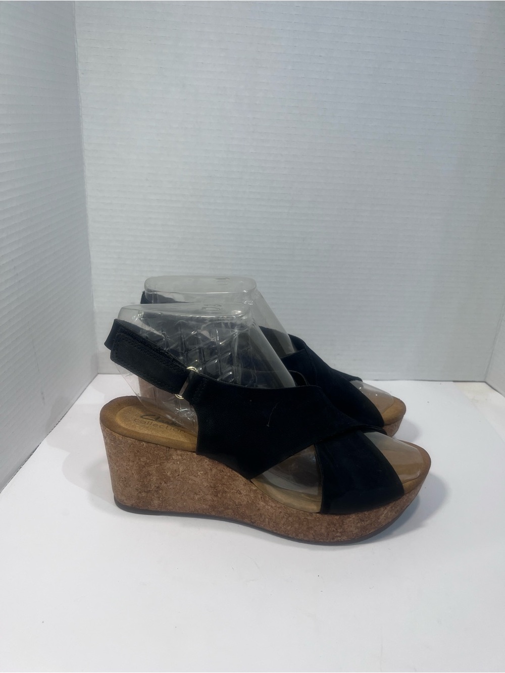 Clarks Black Suede Cork Wedge Sandals